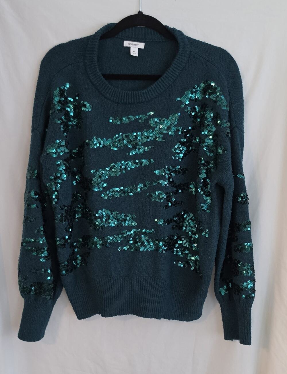Nine West Sweater Women's Teal Green Sequin Pullover Size Extra Large Glittery